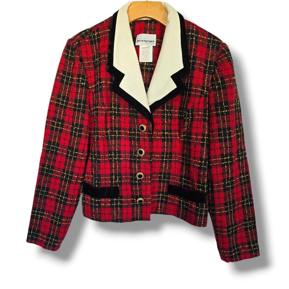 PETITE PERCEPTIONS by Irene B. Vintage Plaid Blazer Size 12P Red Black Gold